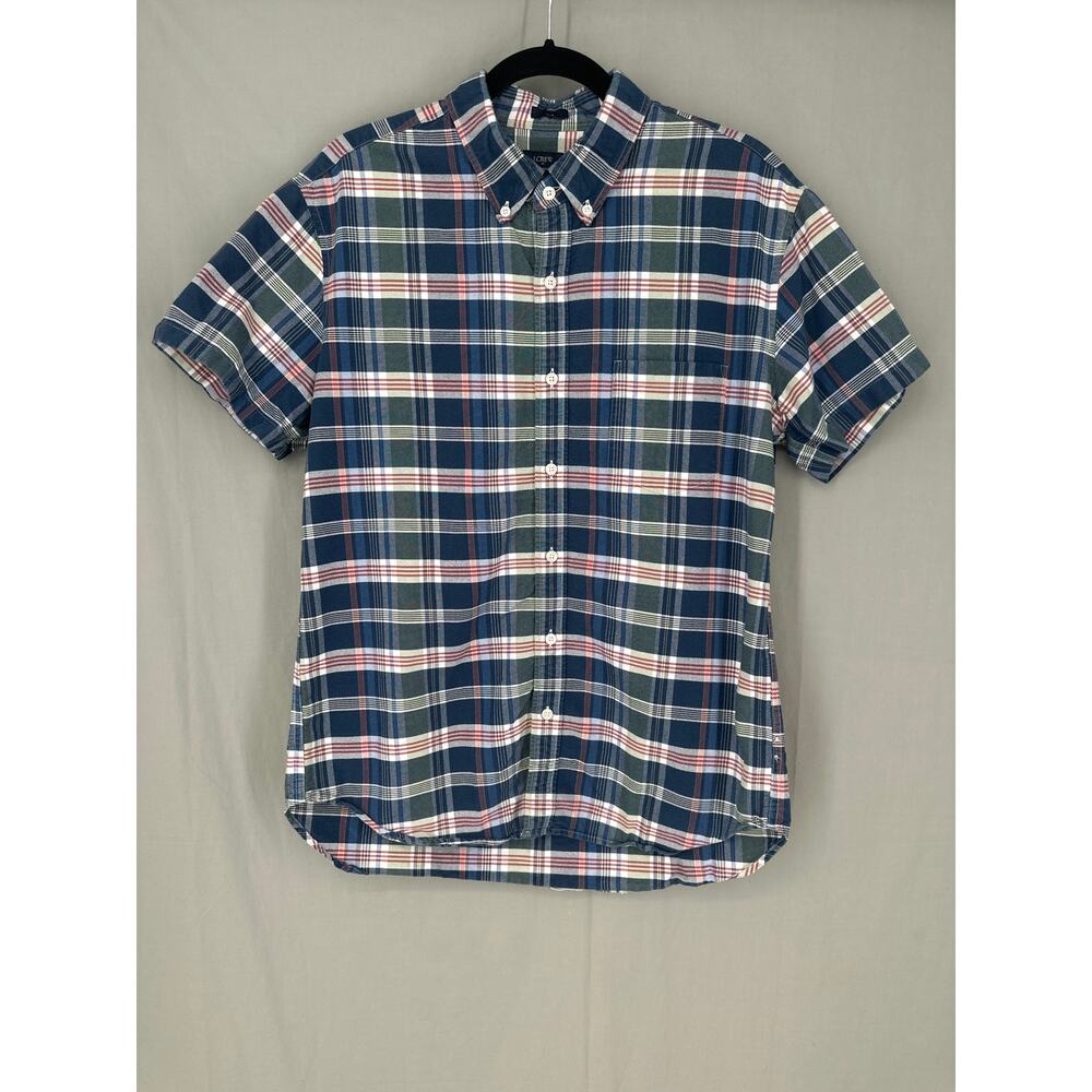 J Crew Shirt Mens Large Blue Plaid Oxford Slim Fit Button Cotton Short Sleeve